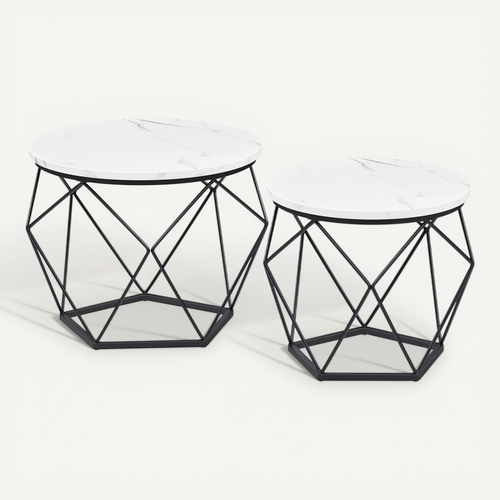 Table Basse Ronde, Lot De 2, Style Moderne, Plateau Amovible, Cadre En Acier, Blanc Et Noir