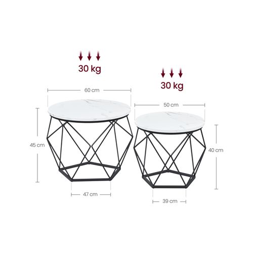 Table Basse Ronde, Lot De 2, Style Moderne, Plateau Amovible, Cadre En Acier, Blanc Et Noir