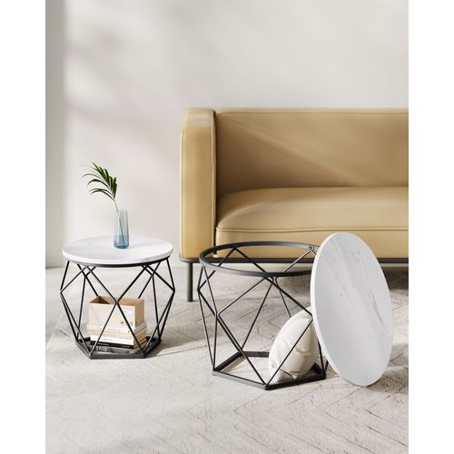 Table Basse Ronde, Lot De 2, Style Moderne, Plateau Amovible, Cadre En Acier, Blanc Et Noir