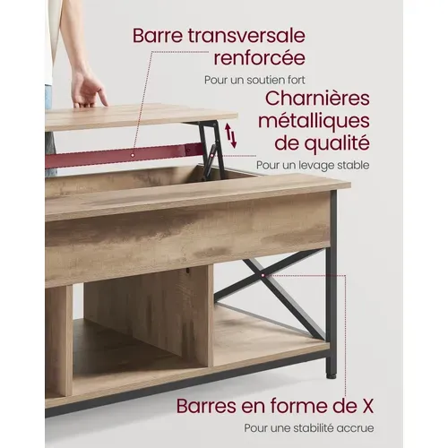 Table De Salon Avec Plateau Relevable, Avec Rangement Ouvert Et Compartiment Caché, Marron Et Noir