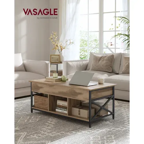 Table De Salon Avec Plateau Relevable, Avec Rangement Ouvert Et Compartiment Caché, Marron Et Noir