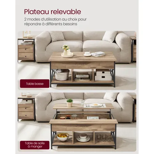 Table De Salon Avec Plateau Relevable, Avec Rangement Ouvert Et Compartiment Caché, Marron Et Noir