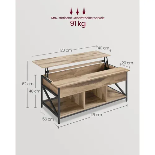 Table De Salon Avec Plateau Relevable, Avec Rangement Ouvert Et Compartiment Caché, Marron Et Noir