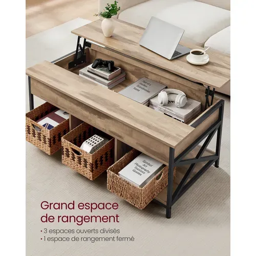 Table De Salon Avec Plateau Relevable, Avec Rangement Ouvert Et Compartiment Caché, Marron Et Noir
