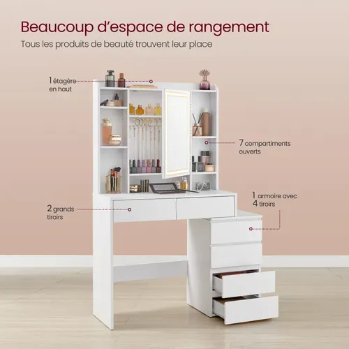 Coiffeuse, Grand Miroir LED à Luminosité Réglable, Tabouret, Étagères Réglables, Blanc Nuage