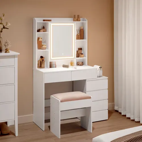 Coiffeuse, Grand Miroir LED à Luminosité Réglable, Tabouret, Étagères Réglables, Blanc Nuage