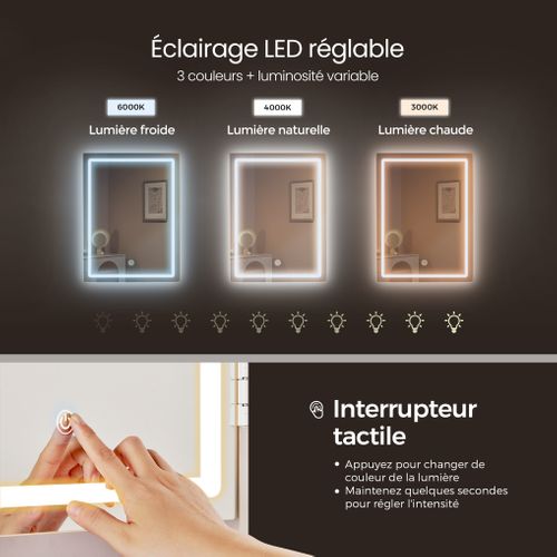 Coiffeuse, Grand Miroir LED à Luminosité Réglable, Tabouret, Étagères Réglables, Blanc Nuage