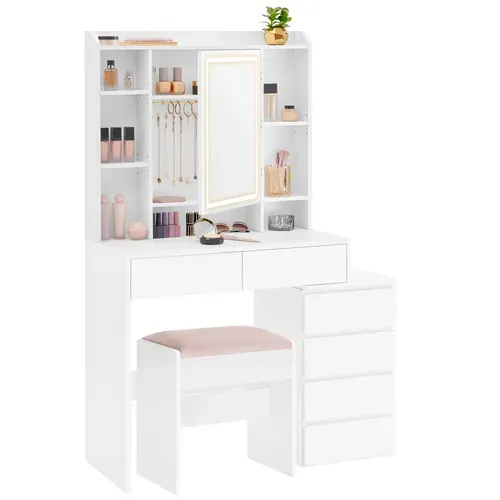 Coiffeuse, Grand Miroir LED à Luminosité Réglable, Tabouret, Étagères Réglables, Blanc Nuage