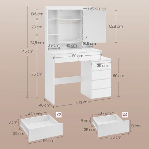 Coiffeuse, Grand Miroir LED à Luminosité Réglable, Tabouret, Étagères Réglables, Blanc Nuage