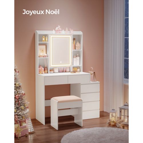 Coiffeuse, Grand Miroir LED à Luminosité Réglable, Tabouret, Étagères Réglables, Blanc Nuage