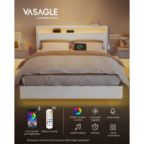 Lit Double, 140 X 190 Cm, Lit Flottant, Lit Avec Éclairage LED, Tête De Lit Haute, Multiprise, Blanc