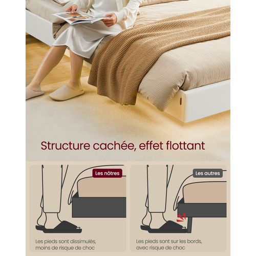 Lit Double, 140 X 190 Cm, Lit Flottant, Lit Avec Éclairage LED, Tête De Lit Haute, Multiprise, Blanc