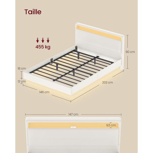 Lit Double, 140 X 190 Cm, Lit Flottant, Lit Avec Éclairage LED, Tête De Lit Haute, Multiprise, Blanc