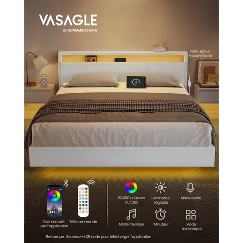 Lit Double, 160 X 200 Cm, Lit Flottant, Lit Avec Éclairage LED, Tête De Lit Haute, Multiprise, Blanc