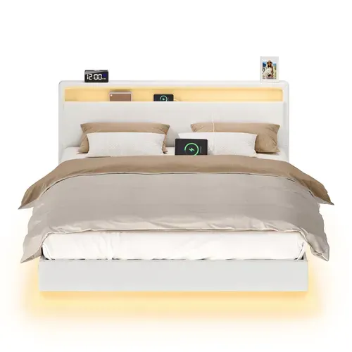 Lit Double, 160 X 200 Cm, Lit Flottant, Lit Avec Éclairage LED, Tête De Lit Haute, Multiprise, Blanc