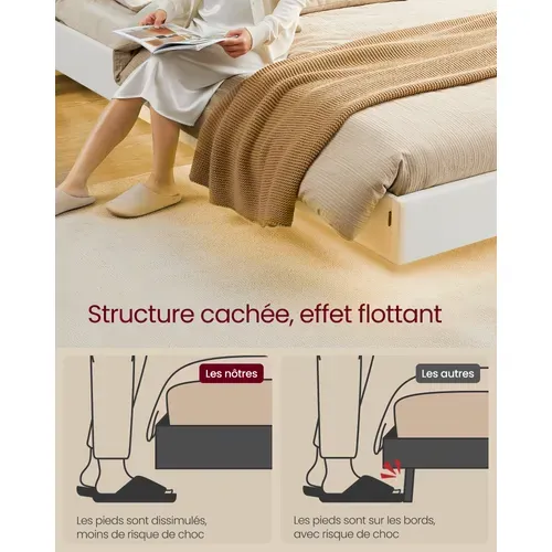 Lit Double, 160 X 200 Cm, Lit Flottant, Lit Avec Éclairage LED, Tête De Lit Haute, Multiprise, Blanc