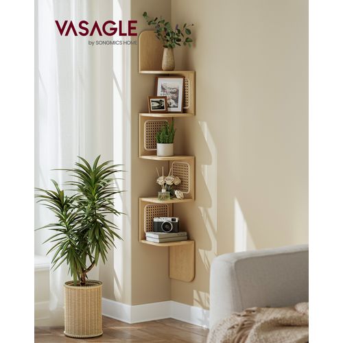 étagère D’angle, étagère Murale Flottante à 5 Niveaux, Côtés En Rotin Pvc, Couleur Chêne Beige