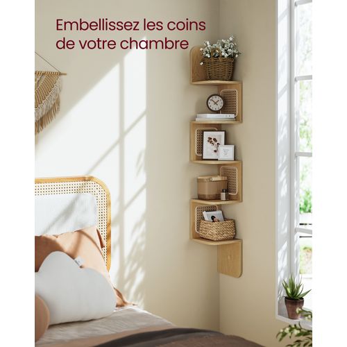 étagère D’angle, étagère Murale Flottante à 5 Niveaux, Côtés En Rotin Pvc, Couleur Chêne Beige
