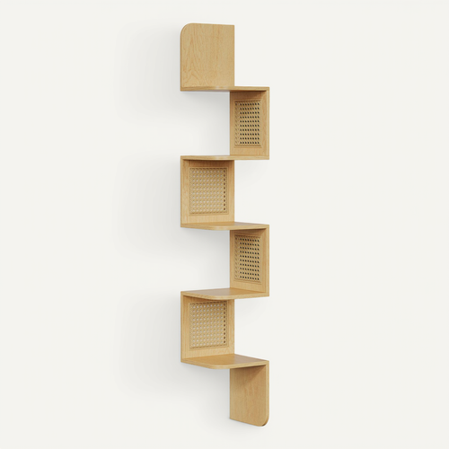 étagère D’angle, étagère Murale Flottante à 5 Niveaux, Côtés En Rotin Pvc, Couleur Chêne Beige