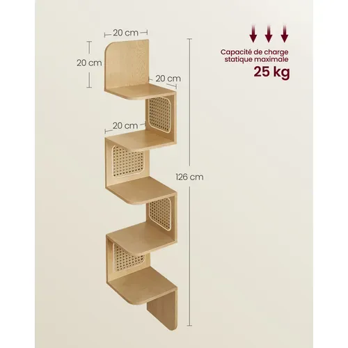 étagère D’angle, étagère Murale Flottante à 5 Niveaux, Côtés En Rotin Pvc, Couleur Chêne Beige