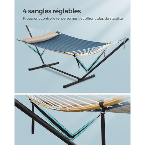 Hamac Avec Support, Barre De Soutien Double, Avec Coussin, Structure Noire Et Hamac Bleu