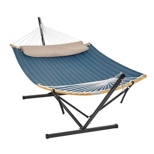 Hamac Avec Support, Barre De Soutien Double, Avec Coussin, Structure Noire Et Hamac Bleu