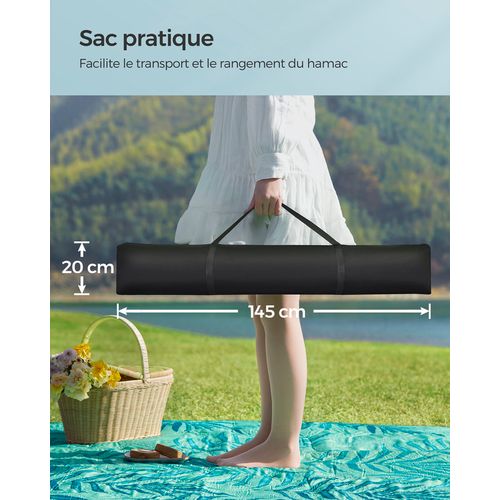 Hamac Avec Support, Barre De Soutien Double, Avec Coussin, Structure Noire Et Hamac Bleu