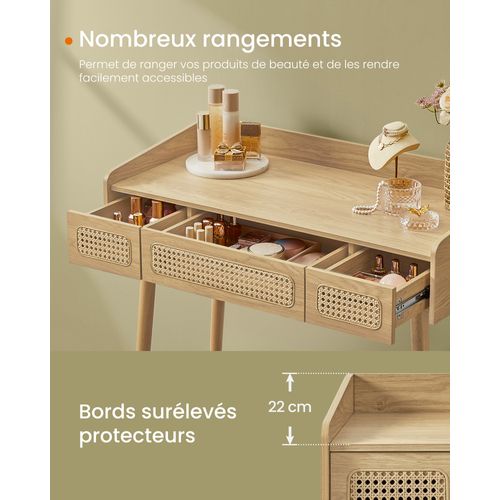 Coiffeuse Avec Miroir Et Lumière, 3 Tiroirs Imitation Rotin, Style Bohème, Beige Chêne