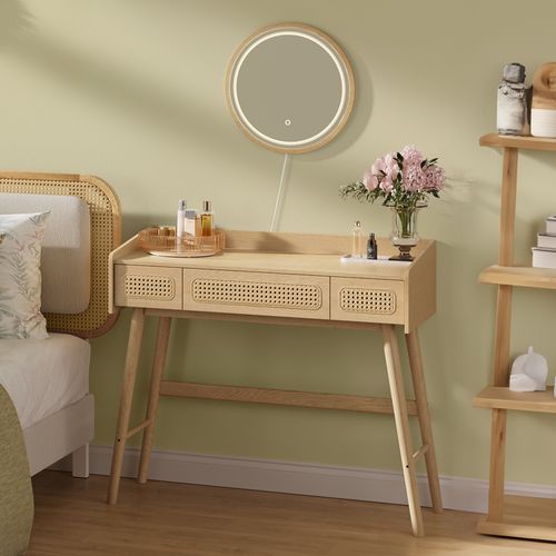 Coiffeuse Avec Miroir Et Lumière, 3 Tiroirs Imitation Rotin, Style Bohème, Beige Chêne