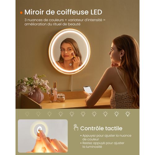 Coiffeuse Avec Miroir Et Lumière, 3 Tiroirs Imitation Rotin, Style Bohème, Beige Chêne