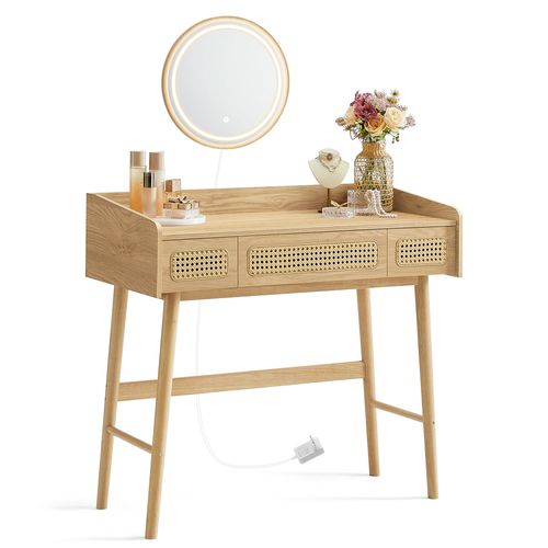 Coiffeuse Avec Miroir Et Lumière, 3 Tiroirs Imitation Rotin, Style Bohème, Beige Chêne