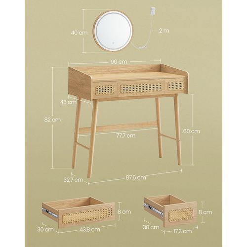 Coiffeuse Avec Miroir Et Lumière, 3 Tiroirs Imitation Rotin, Style Bohème, Beige Chêne