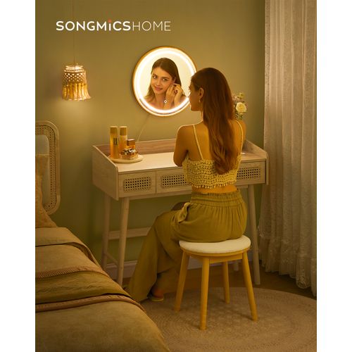 Coiffeuse Avec Miroir Et Lumière, 3 Tiroirs Imitation Rotin, Style Bohème, Beige Chêne