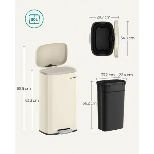 Poubelle Cuisine 30l, Avec Couvercle à Fermeture En Douceur, Seau Intérieur, En Acier, Beige Sable