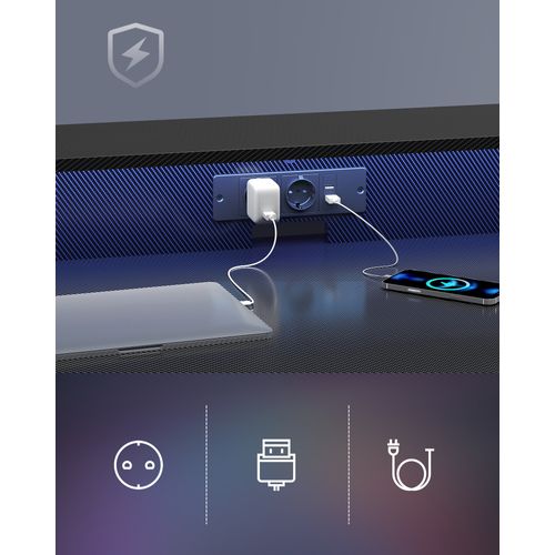 Bureau Gaming Avec LED Et Multiprise, Avec Rehausseur D’écran, 60 X 100 X 76 Cm, Noir Carbone