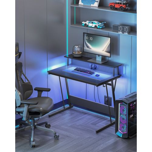 Bureau Gaming Avec LED Et Multiprise, Avec Rehausseur D’écran, 60 X 100 X 76 Cm, Noir Carbone