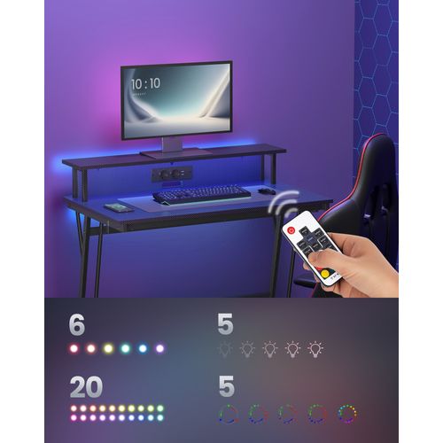 Bureau Gaming Avec LED Et Multiprise, Avec Rehausseur D’écran, 60 X 100 X 76 Cm, Noir Carbone