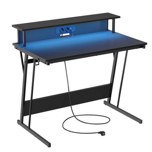 Bureau Gaming Avec LED Et Multiprise, Avec Rehausseur D’écran, 60 X 100 X 76 Cm, Noir Carbone