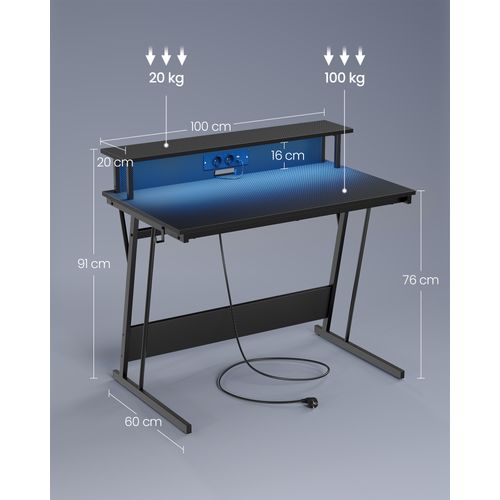 Bureau Gaming Avec LED Et Multiprise, Avec Rehausseur D’écran, 60 X 100 X 76 Cm, Noir Carbone