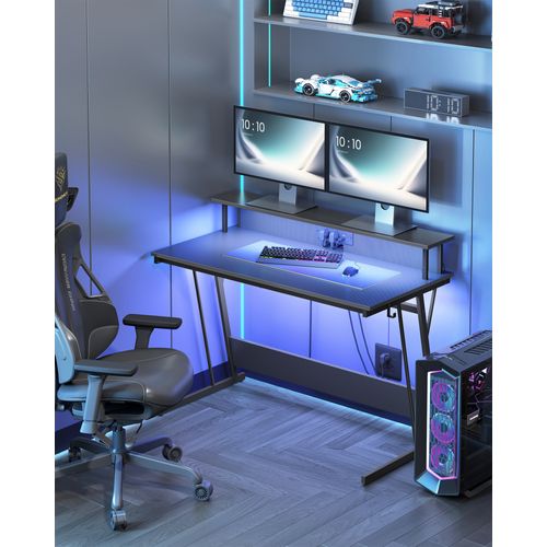 Bureau Gaming Avec LED Et Multiprise, Avec Rehausseur D’écran, 60 X 120 X 76 Cm, Noir Carbone