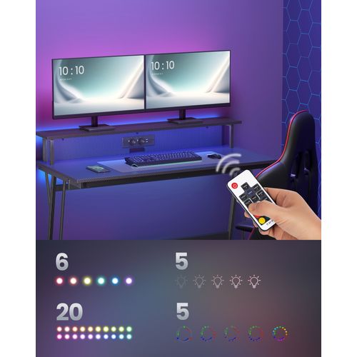 Bureau Gaming Avec LED Et Multiprise, Avec Rehausseur D’écran, 60 X 120 X 76 Cm, Noir Carbone