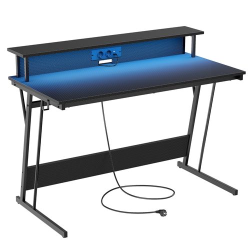 Bureau Gaming Avec LED Et Multiprise, Avec Rehausseur D’écran, 60 X 120 X 76 Cm, Noir Carbone