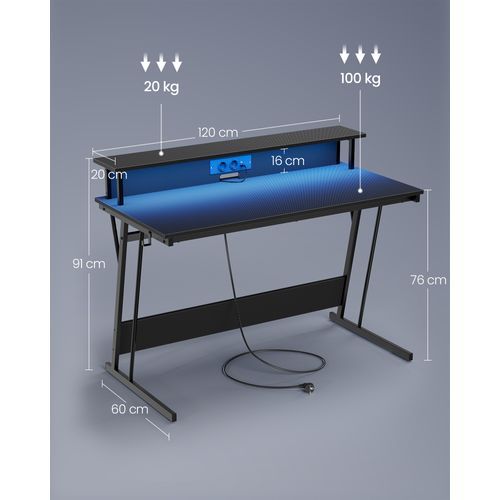Bureau Gaming Avec LED Et Multiprise, Avec Rehausseur D’écran, 60 X 120 X 76 Cm, Noir Carbone