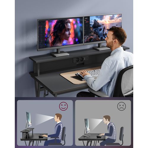Bureau Gaming Avec LED Et Multiprise, Avec Rehausseur D’écran, 60 X 120 X 76 Cm, Noir Carbone