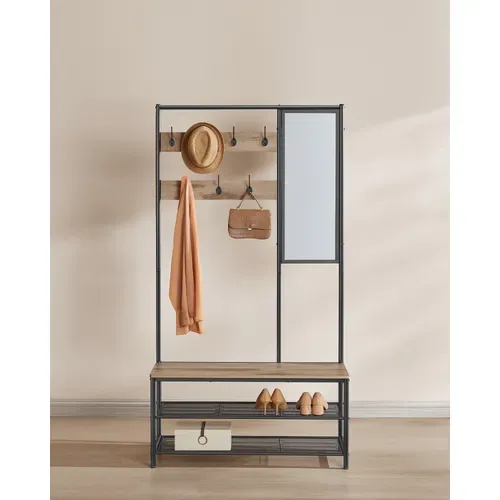Porte-manteaux, Avec Crochets, Miroir, 35 X 98 X 180 Cm, Style Industriel, Marron Camel Et Noir