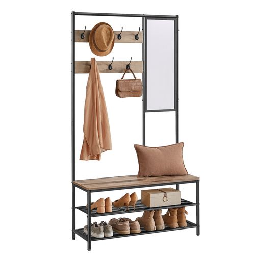 Porte-manteaux, Avec Crochets, Miroir, 35 X 98 X 180 Cm, Style Industriel, Marron Camel Et Noir