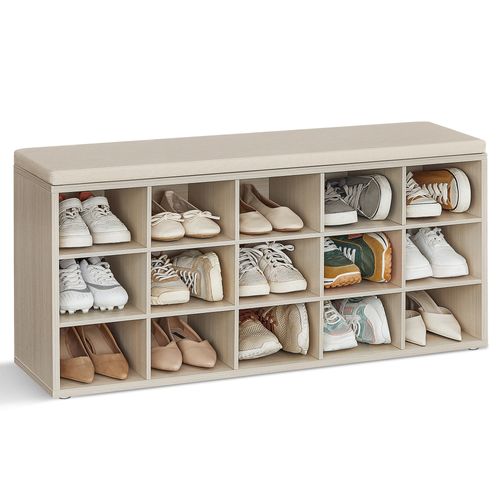 Banc à Chaussures, Assise Rembourrée 15 Compartiments, Capacité De Charge 200 Kg, Beige