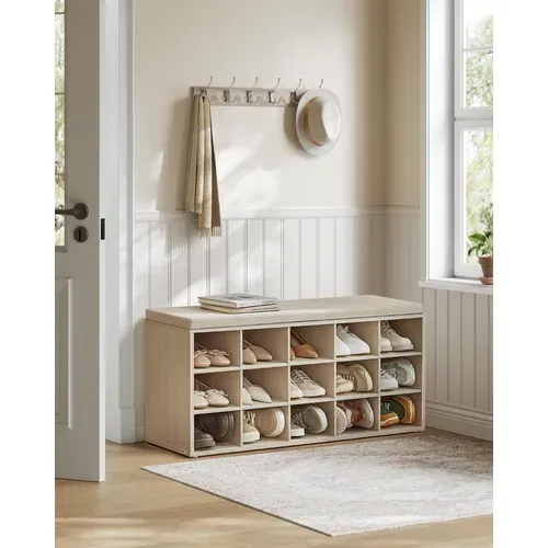Banc à Chaussures, Assise Rembourrée 15 Compartiments, Capacité De Charge 200 Kg, Beige