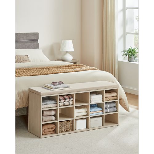Banc à Chaussures, Assise Rembourrée 15 Compartiments, Capacité De Charge 200 Kg, Beige