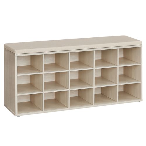 Banc à Chaussures, Assise Rembourrée 15 Compartiments, Capacité De Charge 200 Kg, Beige